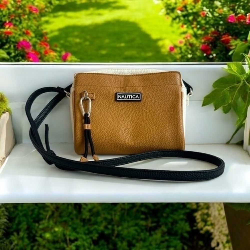 Nautica Colorblock PU Leather Canvas Crossbody Bag White Tan Black